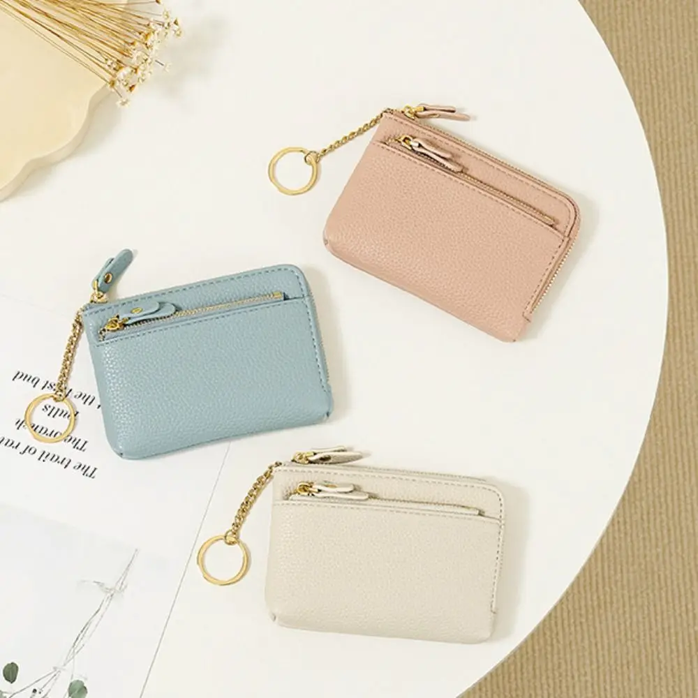 Leather Coin Purse Multi Card Slots Solid Color Keychain Wallet Zipper Closure Multi Functional Coin Pocket Earphone Storage