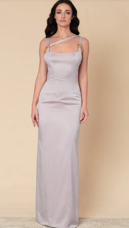 Light Gray Lavender Satin Long Formal Dress Square Neck Asymmetric O-Ring Strap Bodycon Bridesmaid Evening Party Custom Gown
