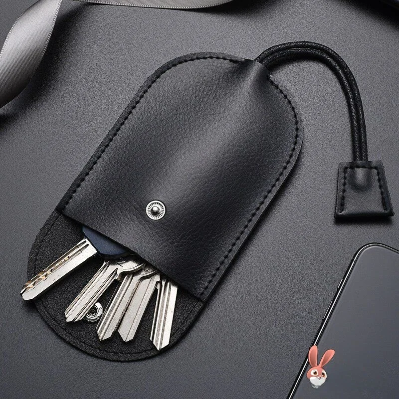 Fashionable Leather Key Holder Small Protective Cover Slide-Out Car Remote Key Pouch with Lid Hidden Keychain Purse for Men A...