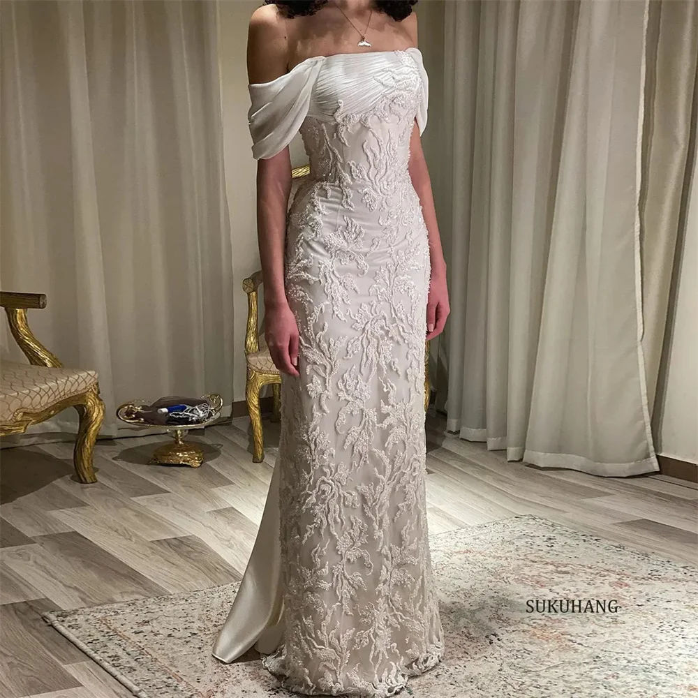 

SUKUHANG Стильные вечерние платья с аппликациями в виде русалки, расшитые бисером, с открытыми плечами, с кристаллами в стиле Дубай, для выпускного вечера, свадьбы, вечеринки, на заказ