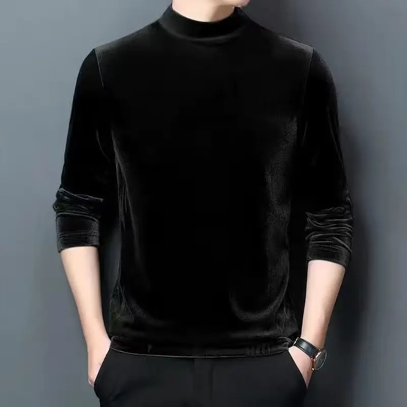 Gold Velvet Tshirt Men\'s Base Shirt Fleece Long Sleeve Shirt Half Turtleneck Pullover Men\'s Warm Top Thicken Oversized T Shirt