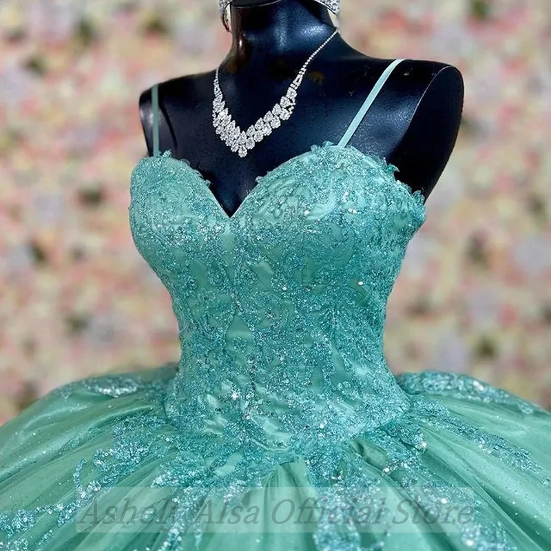 Real Pictures Mint Green Prom Dresses 16 14 Year Girls Spaghetti Strap Lace Applique vestidos de 15 años quinceañeras modernos