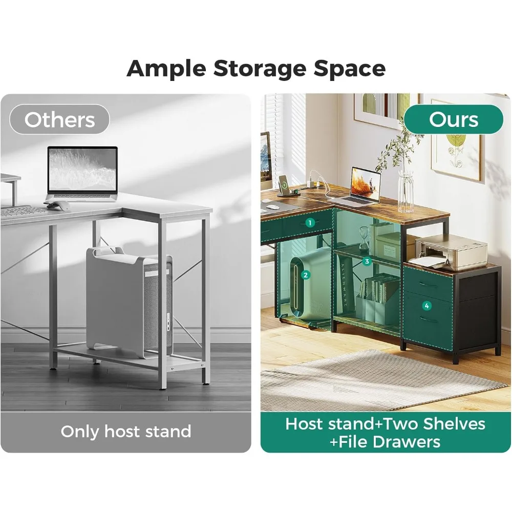 L Shaped Computer Desk with Fabric Drawers and FileCabinet,Reversible Home Office Workstation Desk with Power Outlets Host Stand