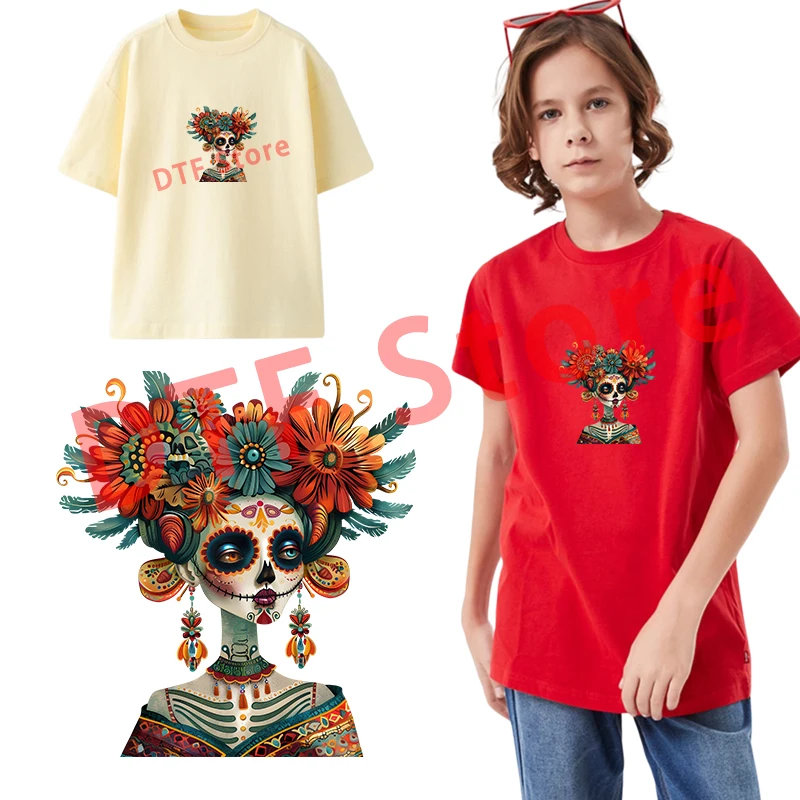 Watercolor Day of the Dead Series DTF Transfers Ready to Press Heat Transfer on Clothes Patches for Children's Clothing