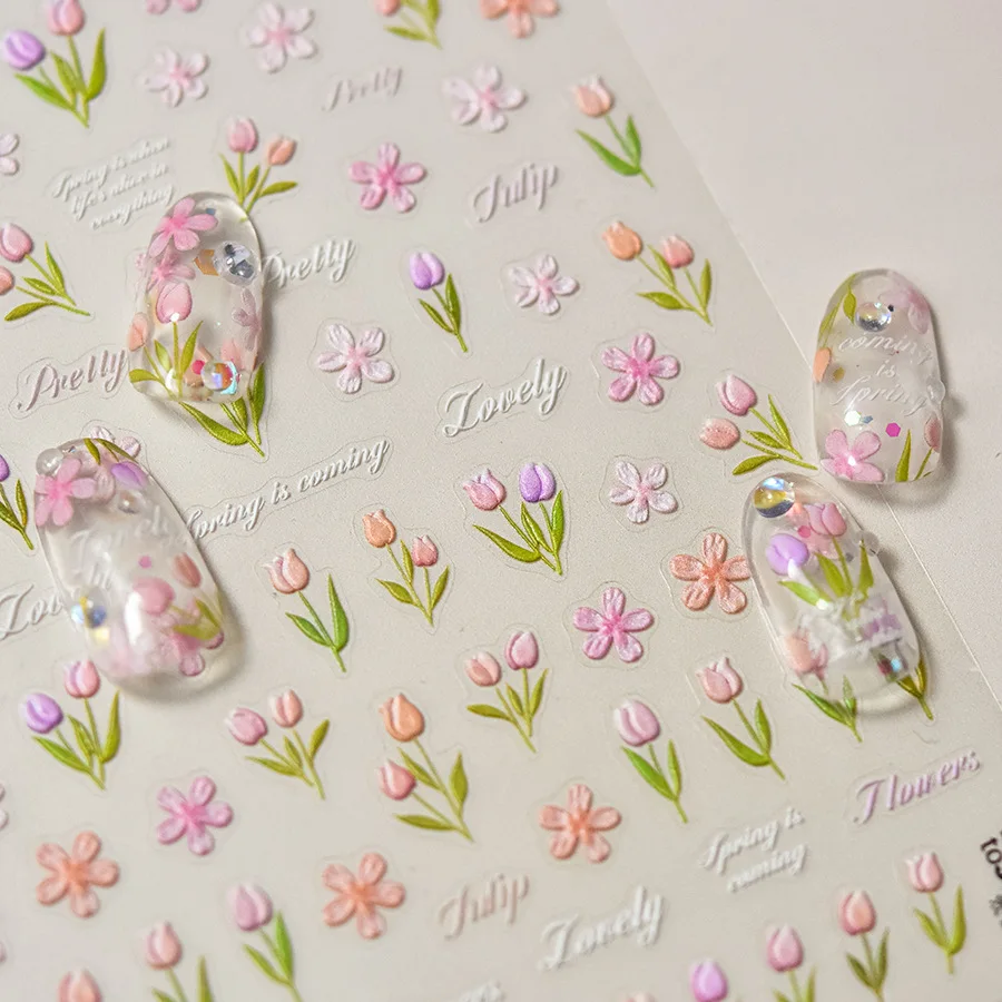 1pcs 5D Japanese Relief Tulip Nail Art Stickers Kawaii Daisy Flower Nail Decorations Decals Self Adhesive Slider DIY Accessories