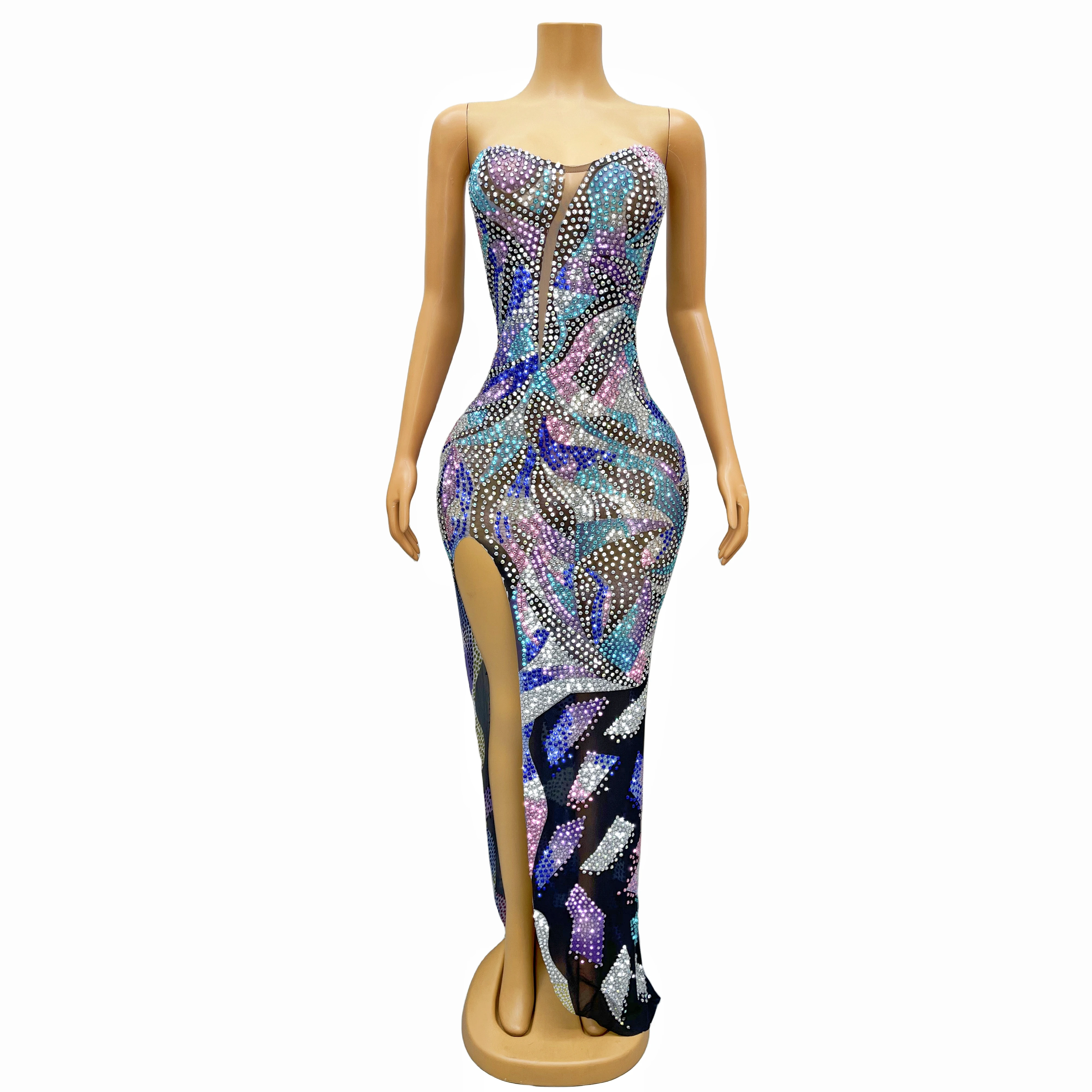 Sparkly Colorful Rhinestones Long Train Split Dress Evening Birthday Celebrate Costume Sexy Crystals Collection caiqi