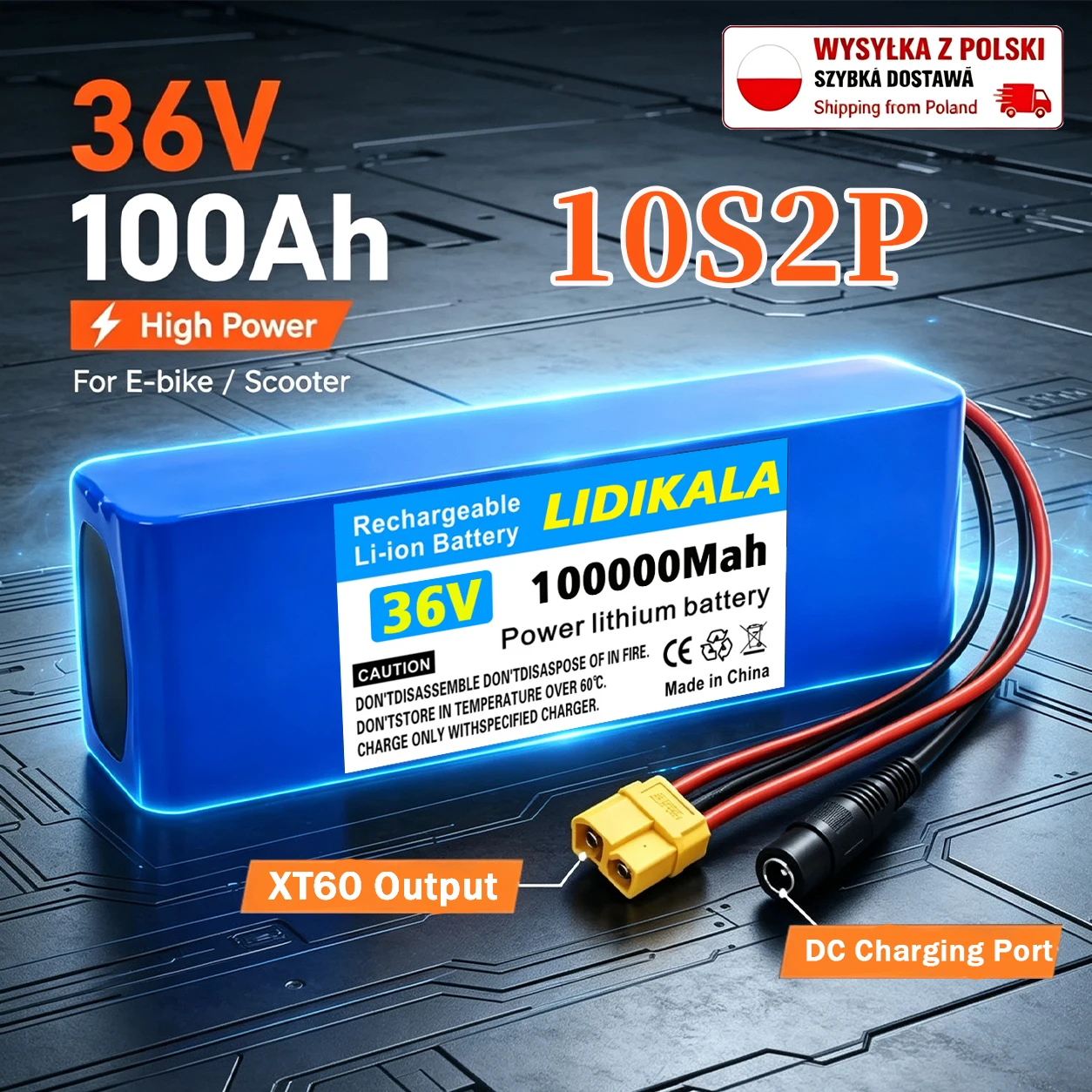 Batterie de vélo électrique 36V, batterie lithium-ion haute capacité 100Ah 10s2p 18650, plaque de protection BMS intégrée, chargeur 42V-2A