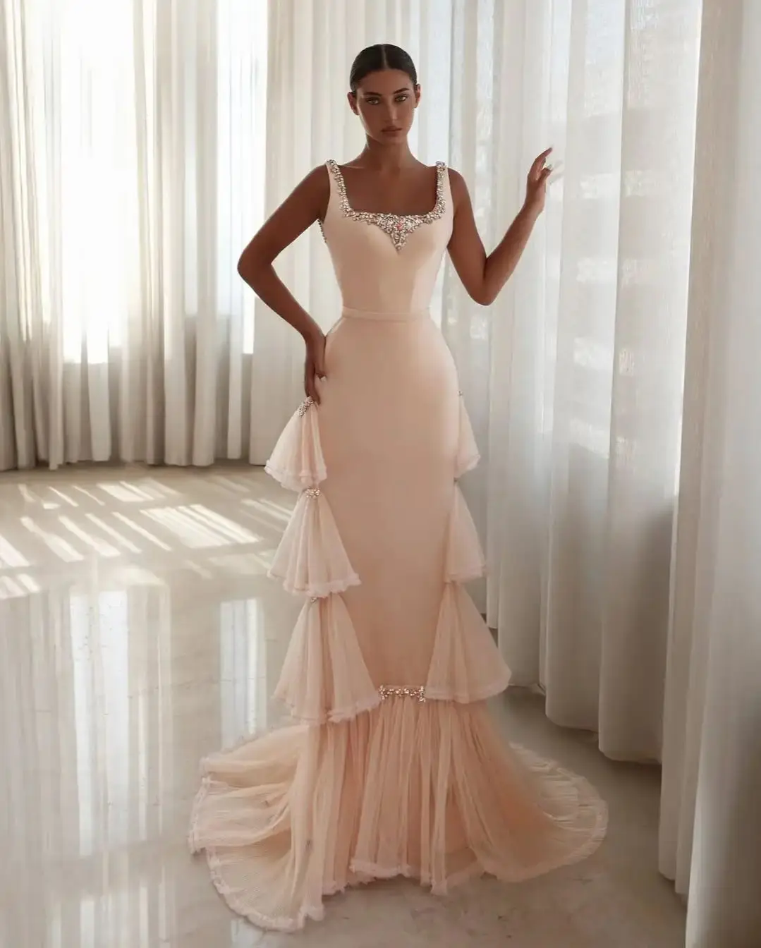 Ofherown Blush Pink Square Neck Beaded Evening Dress Tulle Tiered Ruffles Mermaid Prom Gown Backless Formal Wedding Guest Dress