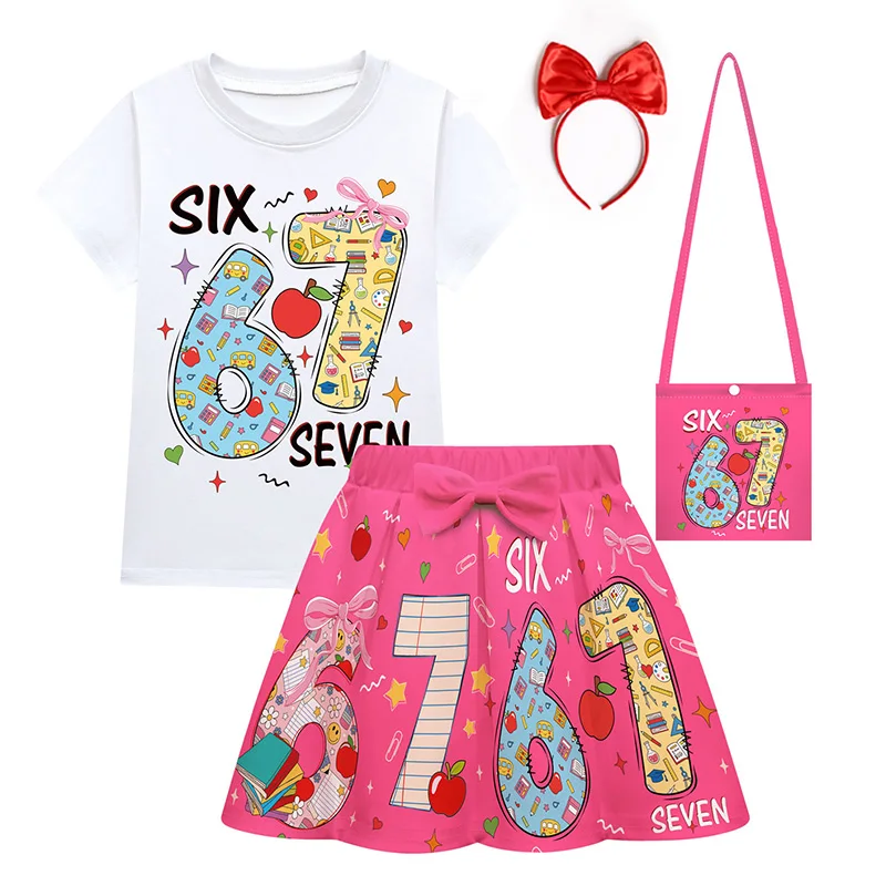 

Funny Six Seven Brainrot 67 Meme Kids Cosplay Costume Summer Girls T-shirt Dress with Bags For Birthday Party Carnival Cothes