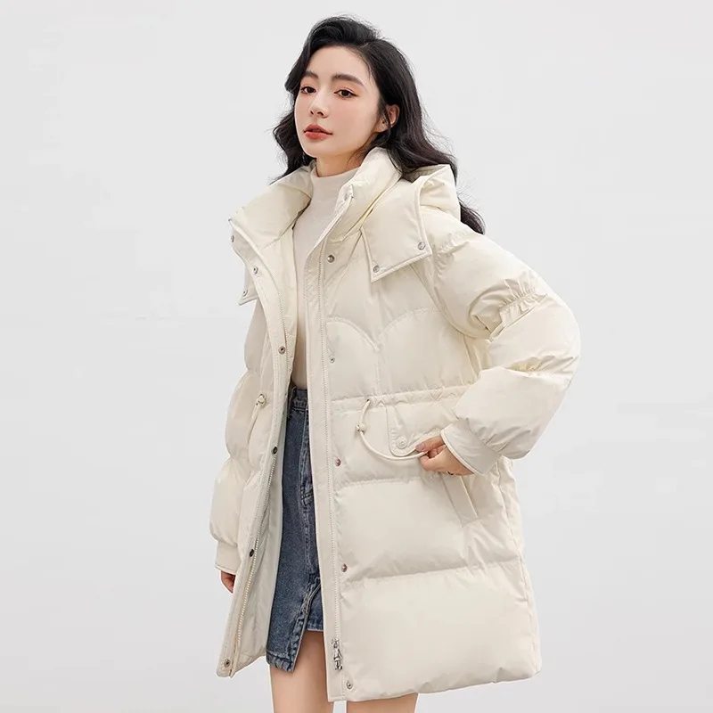 

Winter Mid Length Hooded Thick Down Jacket Women White Duck Down Drawstring Down Jackets Female Waterproof Warm Parker Outwears