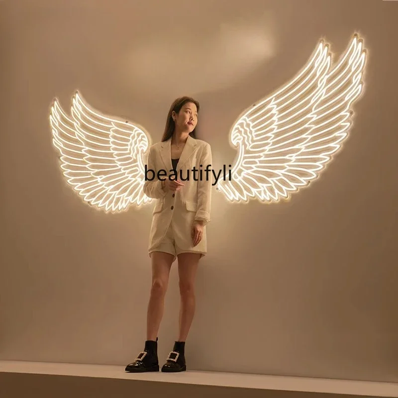 

ss D LED neon outdoor store clock in image background wall angel wings advertising light