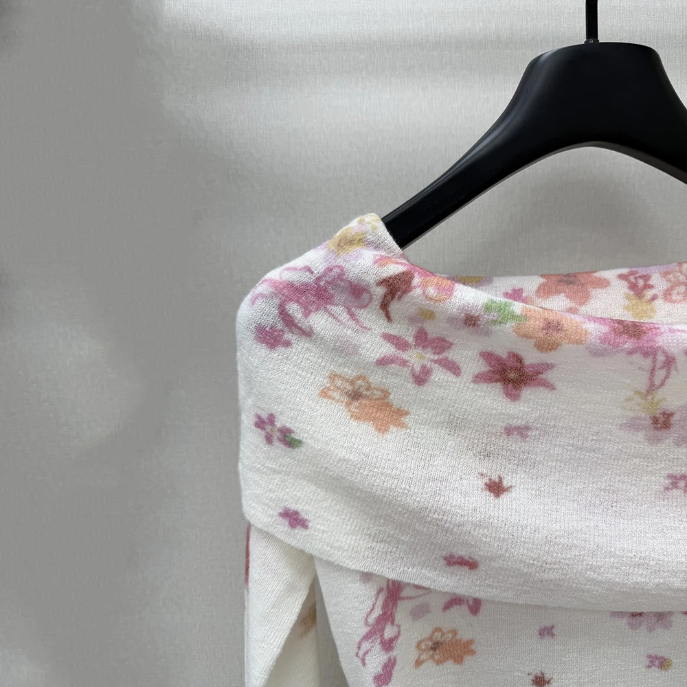 Wool-Mohair Blend Lightweight Women's Sweater Floral Print Off-Shoulder Long-Sleeve Knit Top Pullover - Spring 2026 New Y2k