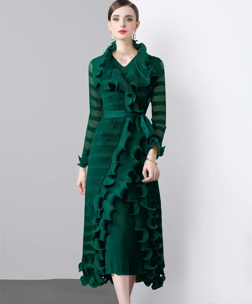 2024 Elegant New Miyake Pleated 2 Piece Set For Women Long Sleeve Ruffles Lace Up Bet Coat + V Neck Sleeveless Midi Dress Suits