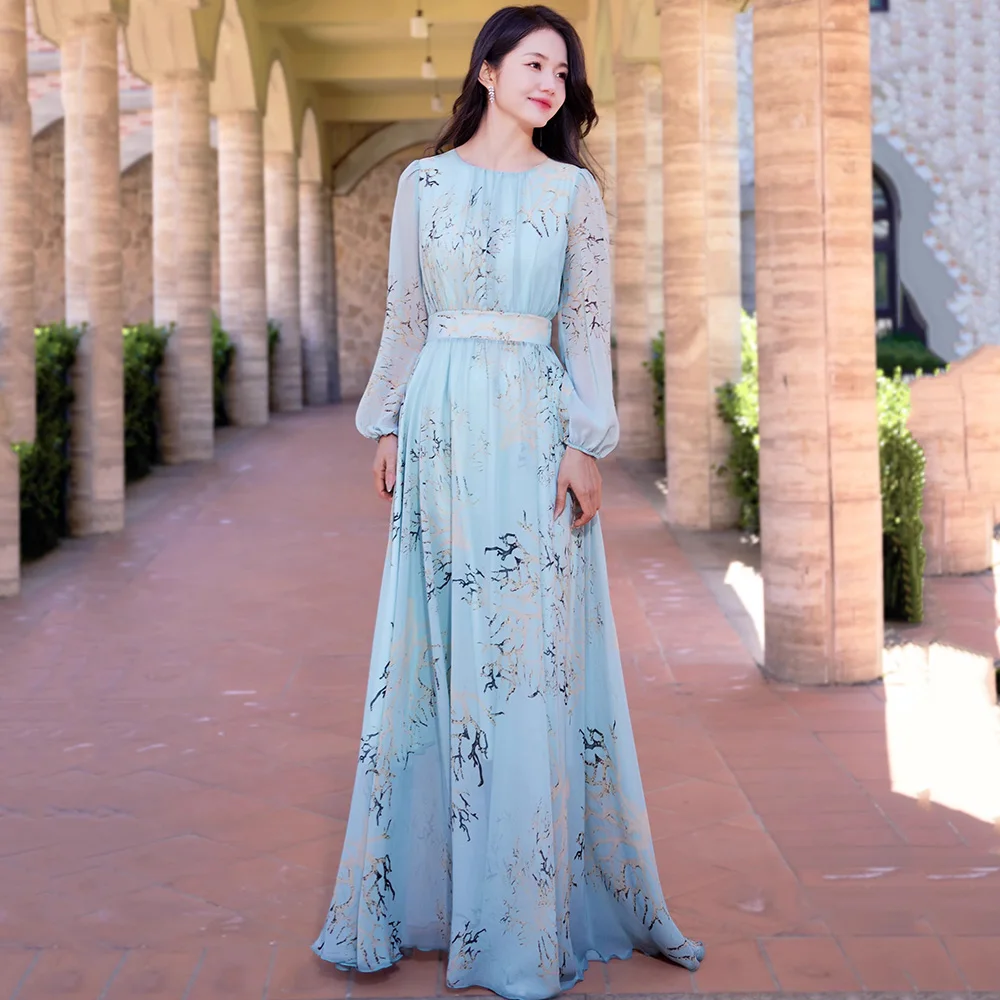 

New Women Summer Light Blue Print Long Dress Fashion O-Neck Lantern Sleeve Slim Waist Dress Casual Flowing Holiday Beach Dress