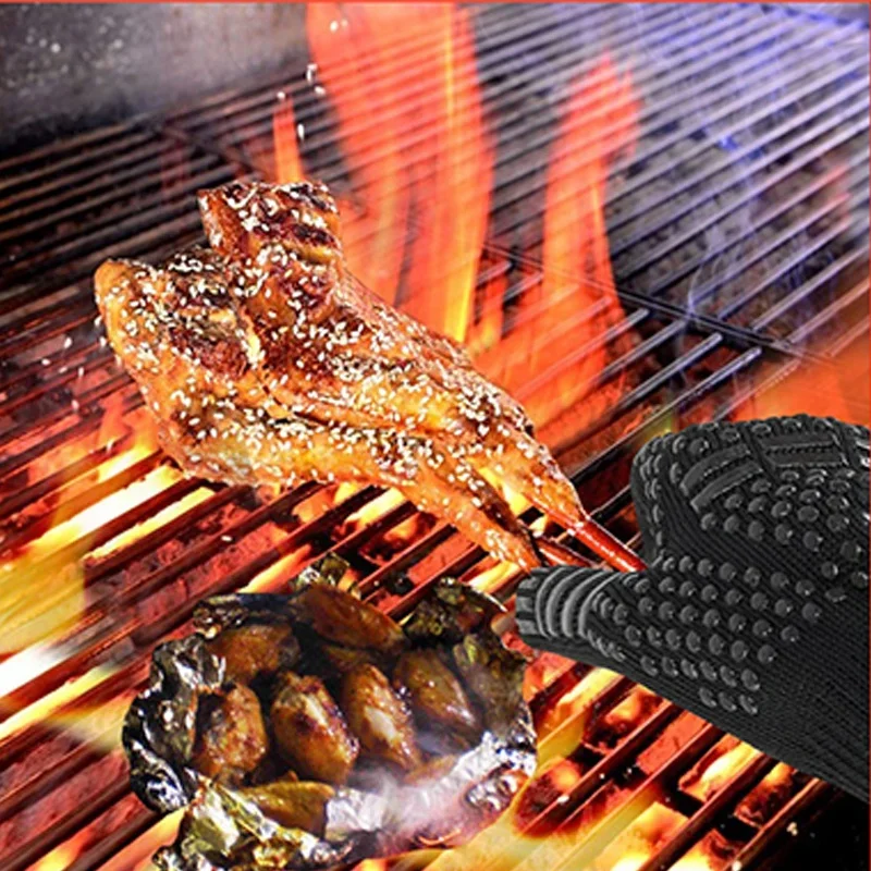 Flame Retardant Non-slip BBQ Fire Gloves Microwave Oven Gloves Oven Mitts Fireproof 300-500 Centigrade Extreme Heat Resistant