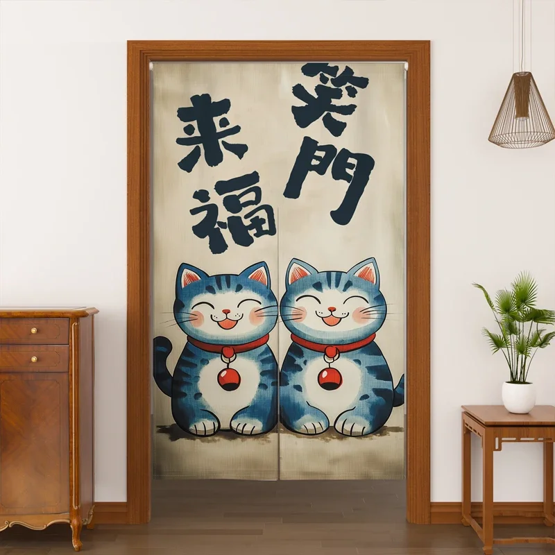 Japanese Style Door Curtains Lucky Cat Sake Street Izakaya Dining Room Linen Doorway Curtain Kitchen Entrance Split Half Curtain
