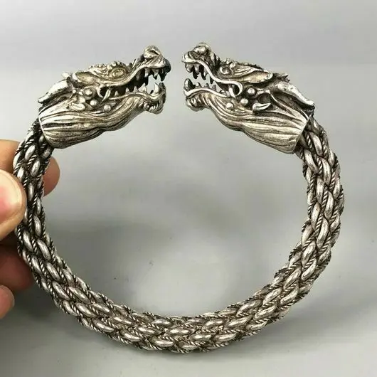 Rare Collectible Chinese Antique Tibet Silver Handwork Auspicious Dragon Bracele