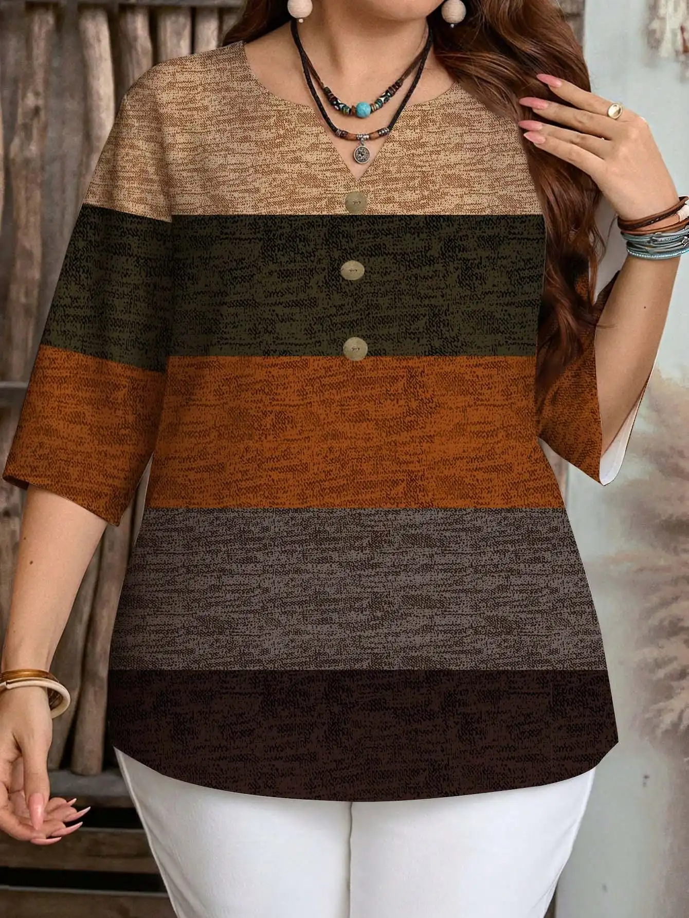 Plus Size Women Color Block Striped Print Blouse, Notched V Neck 3/4 Sleeve Button Decor Loose Casual Ladies Tunic Top