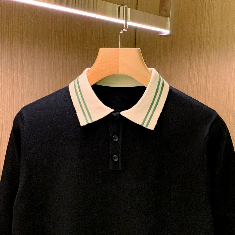 British Retro High-End Color Block Slim Fit  Shirt Men's Luxury Fashion Youth Knitted Long Sleeve Turn-down Collar Top