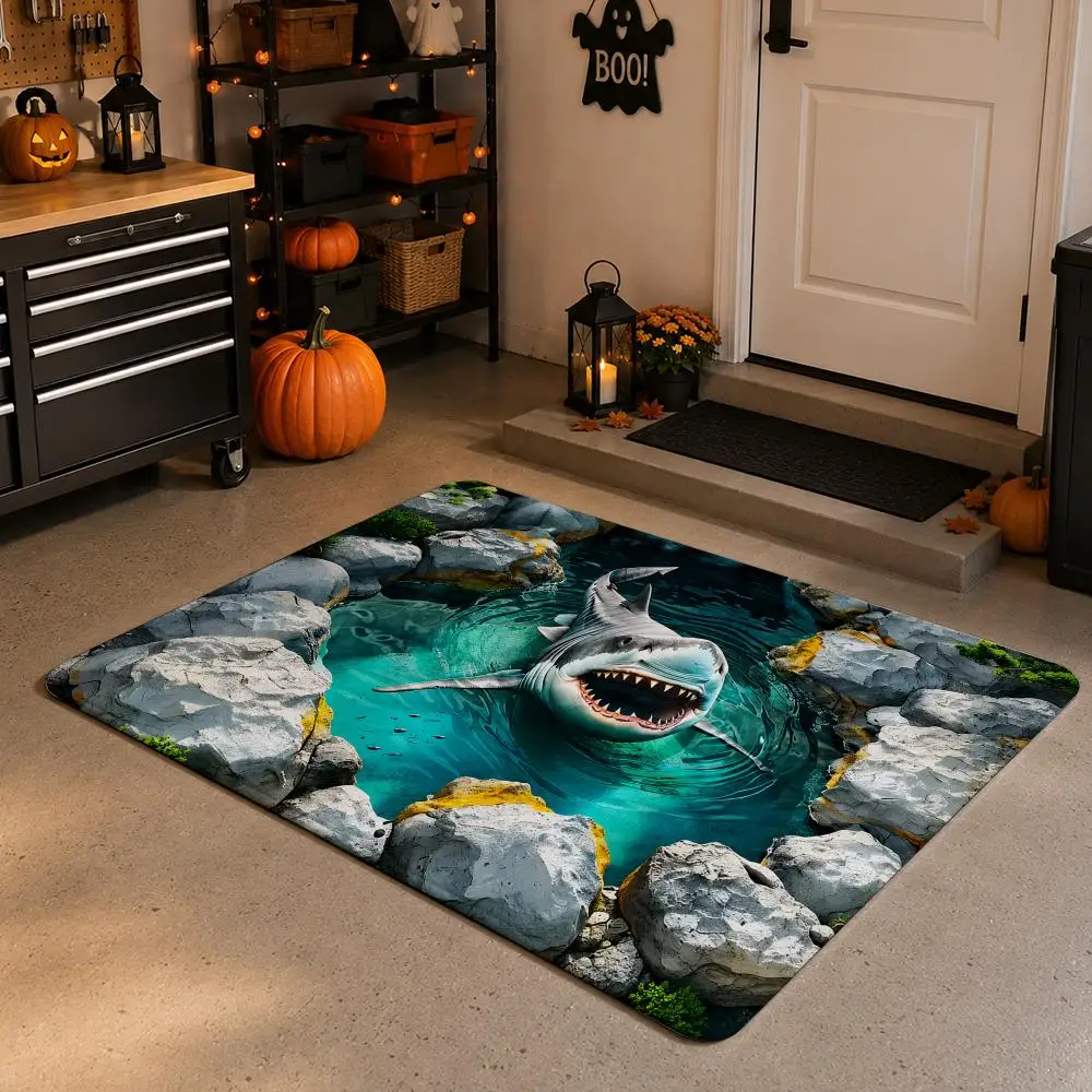 Realistic 3D Shark Ocean Hole Illusion Artwork Floor Mat Soft Flannel Non Slip Absorbent Entryway Bathroom Bedroom Garage