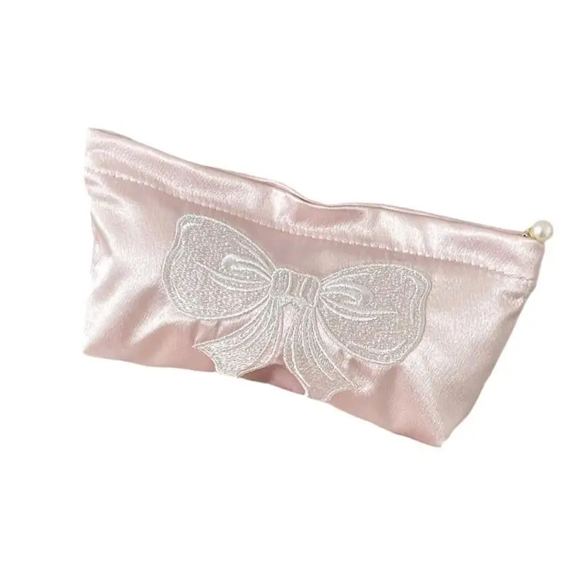 

G6KF Elegant Pink Satins Makeup Bag With Bowknot Design Large Capacity Cosmetic