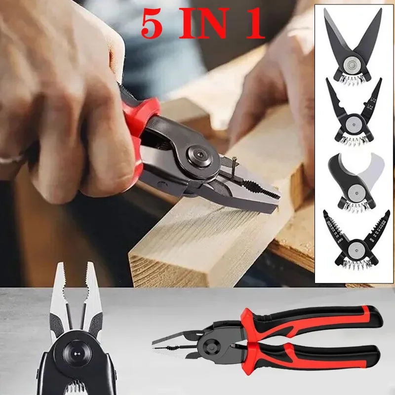 5 In 1 Versatile Tool Kit, Plier Tool Set Multifunct Interchangeable Pliers Head Wire Stripper Crimping Tools Sheet Metal Shear