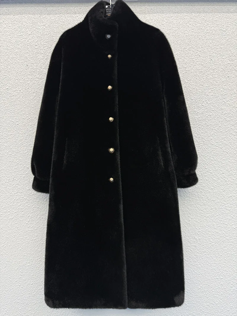 Women Faux Fur Coats Solid Long Overcoat Stand Collar Long Sleeve Single Breasted Loose Thick Elegant Casual 2025 Autumn Winter