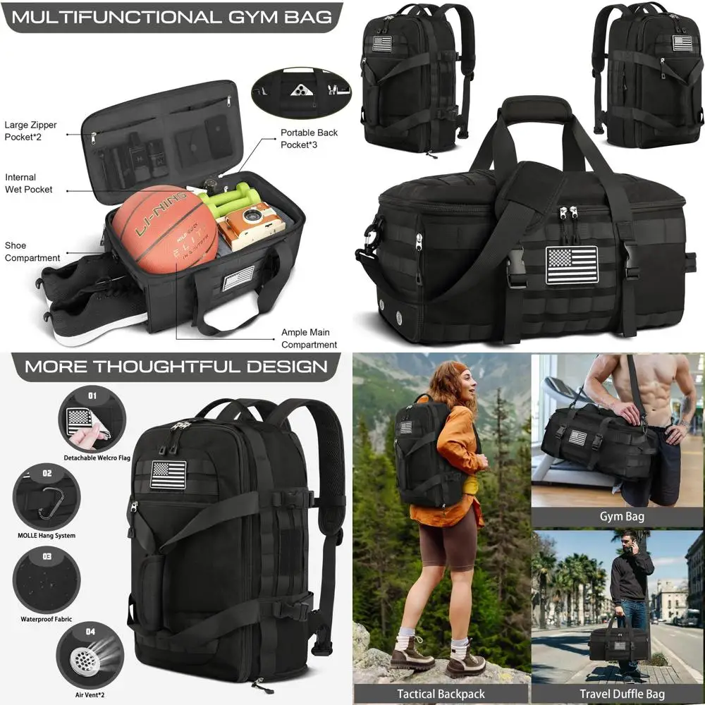 

Large Tactical Duffel Bag with Shoe Compartment, 3-in-1 Travel Backpack for Gym, Weekend Trips, and Sports, Black