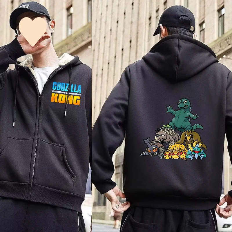 Godzilla Kong-Sweat à capuche zippé pour hommes et femmes, Sweat à capuche Smile, Film de dessin animé, Manteau de sport pour adultes, Streetwear à capuche, Hiver