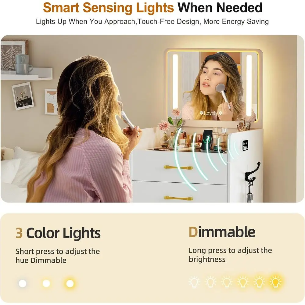 3 in 1 Vanity with Mirror and Sensor Lights,Charging Station,e White | Glass Top Compact Vanity with Storage,ern lip Top Small V