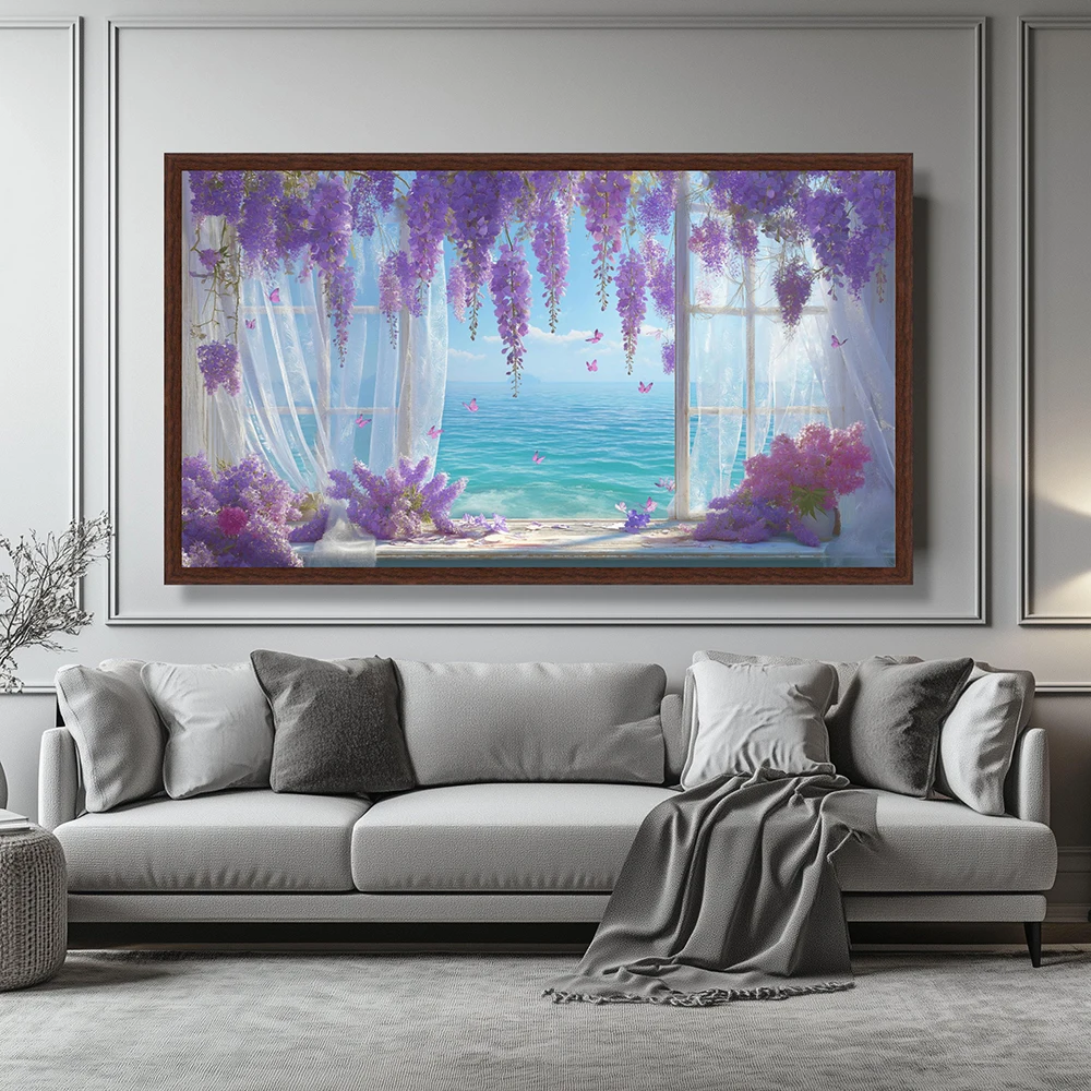 (1PC Unframe)Canvas art purple wisteria ocean, butterfly flowers coastal landscape print, elegant home artwork,  living room, be