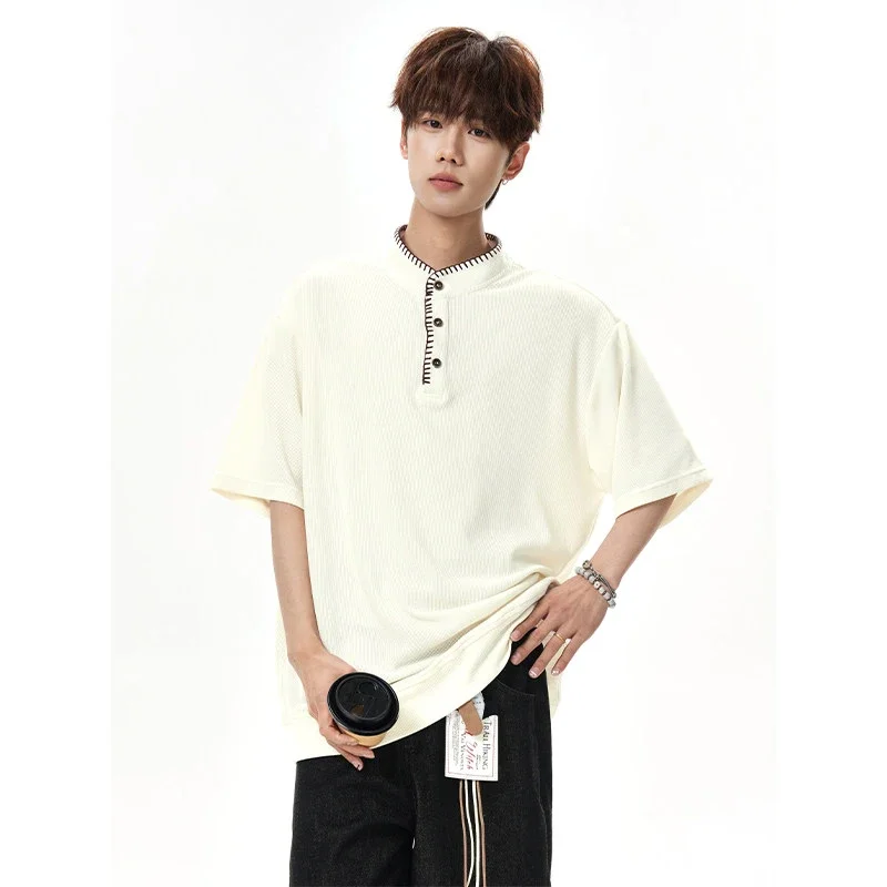 

Мужская и женская футболка с коротким рукавом в американском винтажном стиле с воротником Хенри, повседневная свободная летняя трикотажная футболка