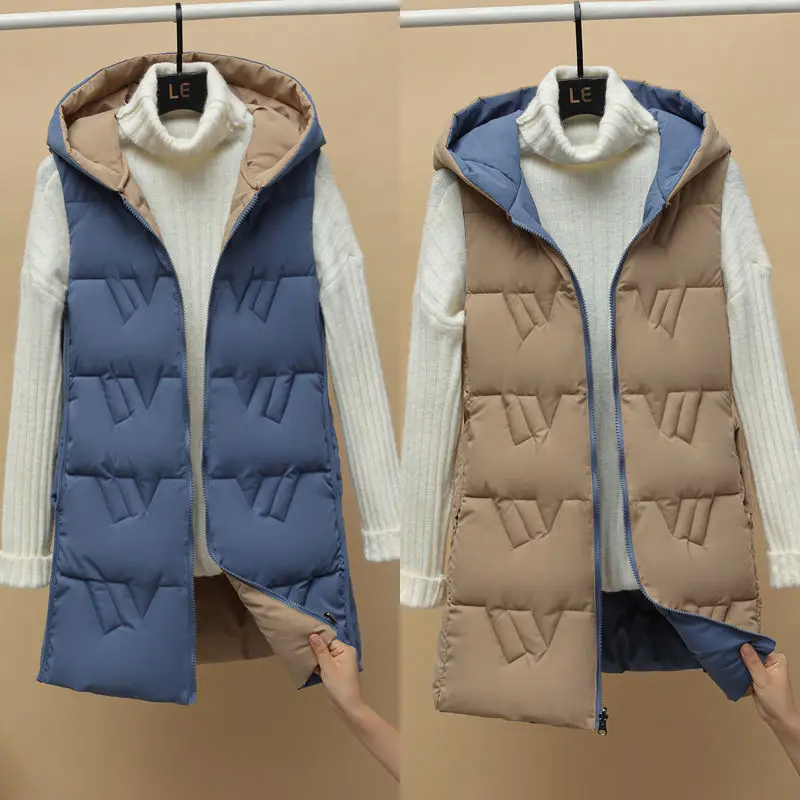

2025 New Women's Vest Jacket Down Cotton Vest Autumn Winter Jacket Hooded Long Coat Sleeveless Loose Female Waistcoat Snow Wear