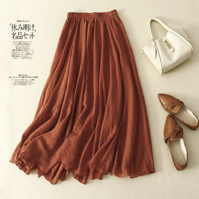 2023 Summer Linen Cotton Ruffled Double-layer Skirt Elasticated Waist A-line Midi Long Skirt Casual