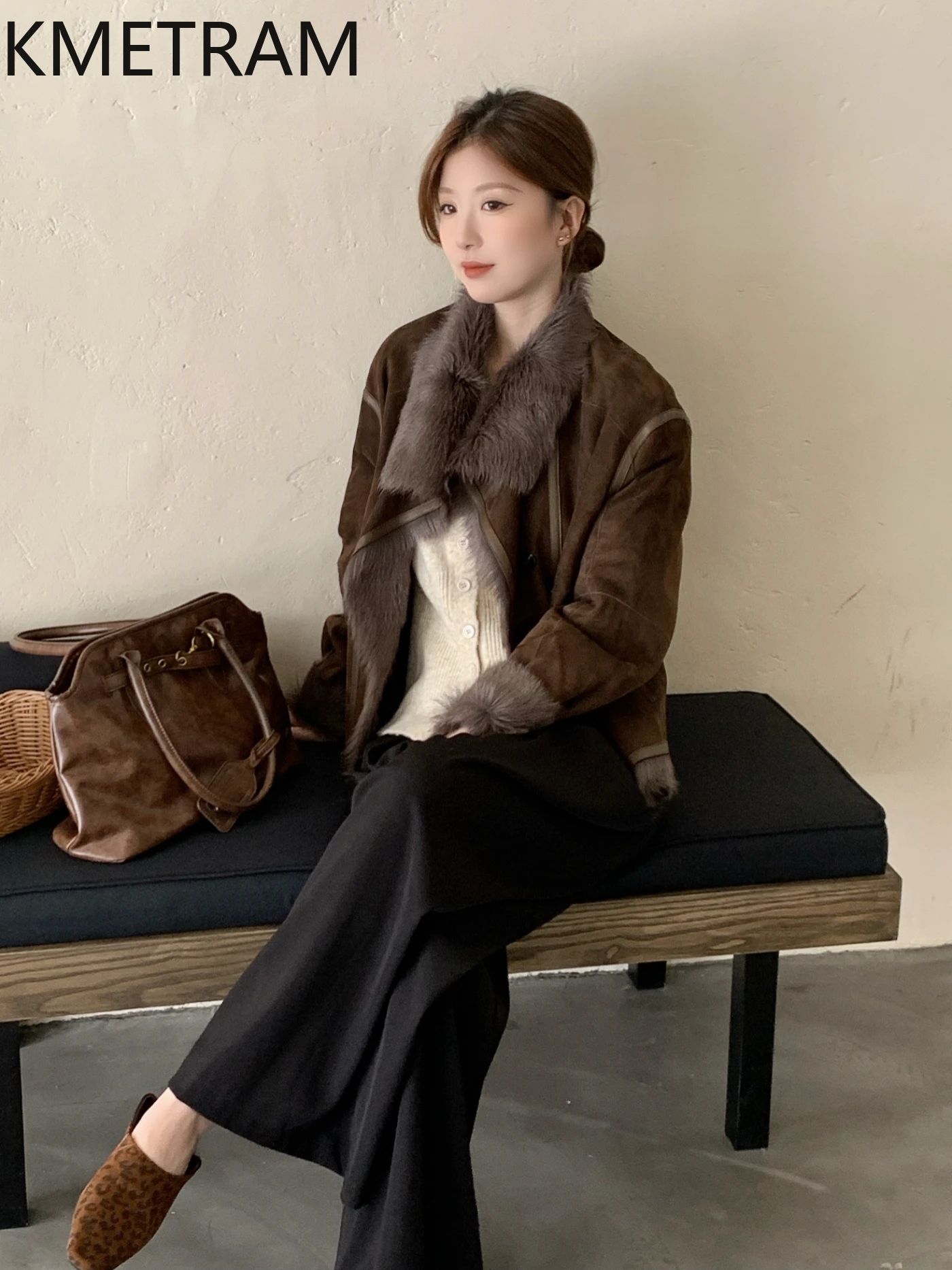 KMETRAM Naturalny płaszcz z naturalnej skóry koziej i owczej z wełną, luksusowy krótki płaszcz podróżny dla kobiet, zimowy 2025, fourrures femmes