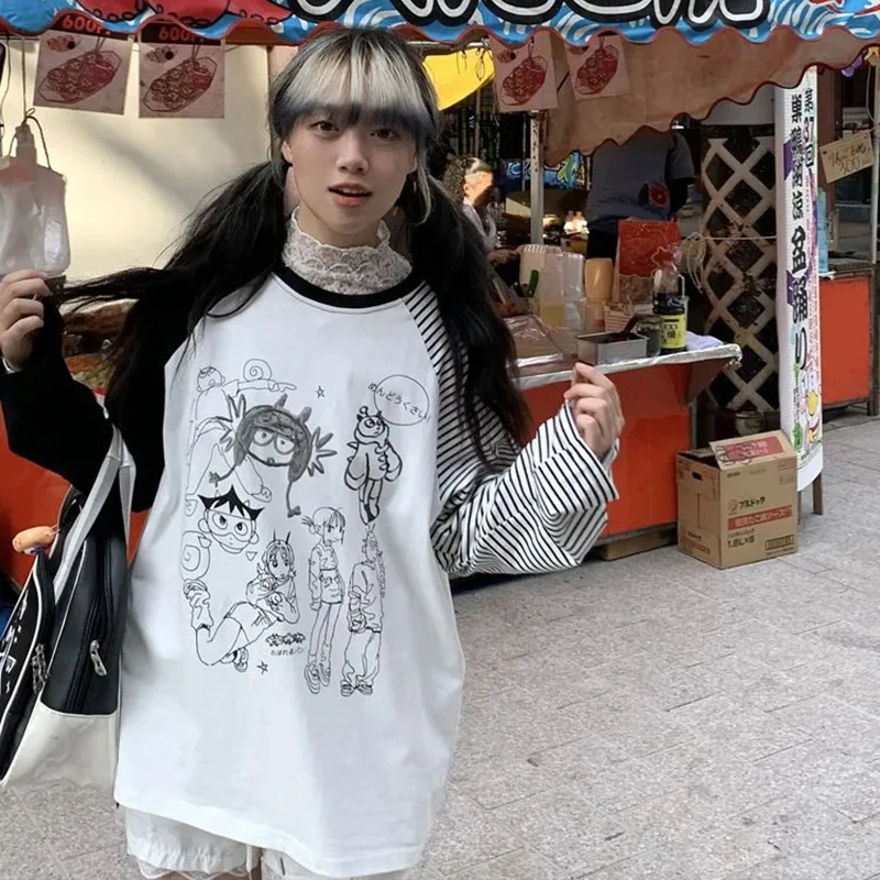 일본 애니메이션 서브컬쳐 티셔츠 여성용 O넥 긴팔 패치워크 티셔츠 하라주쿠 Y2K 스트릿 루즈핏 만화 캐주얼 탑