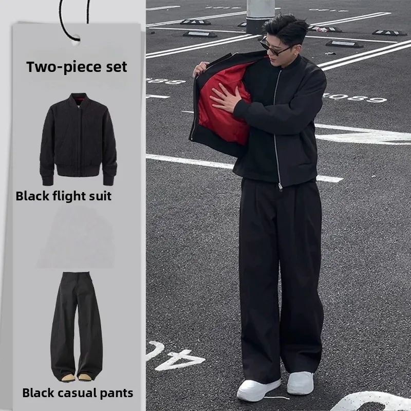 Men's American Style Cropped Flight Jacket Set Autumn Winter Minimalist Oversized Baseball Coat Cool Casual Outfit