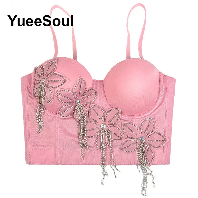 Pink Women Corset Tops 2026 Sequined Flowers Diamond Sexy Crop Tops 2000s Y2K Aesthetic Sweet Cute Party Bustier Woman Clothing view 6