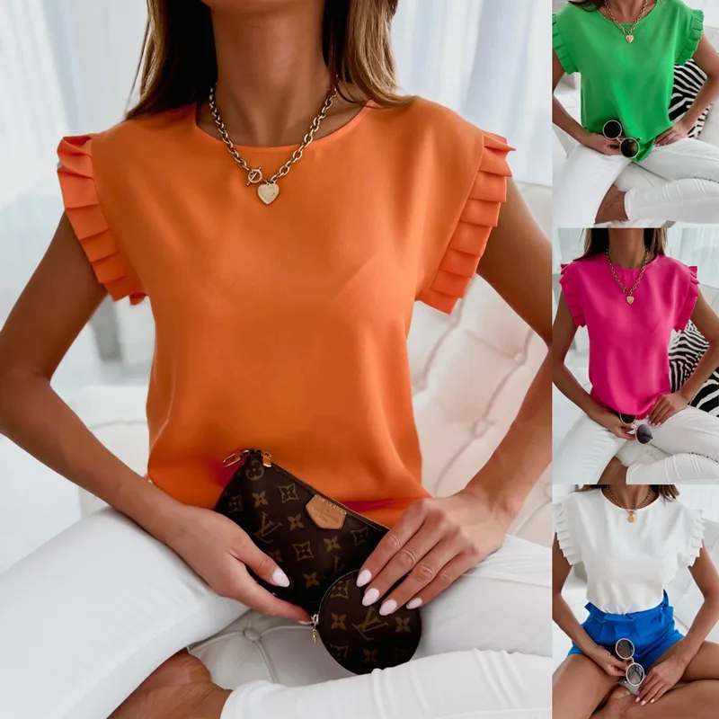 

Women's Fashion Simple Short Sleeve T-shirt Solid Color Round Neck Petal Sleeve Sweet Tee Slim Pullover Shirt Women Clothing