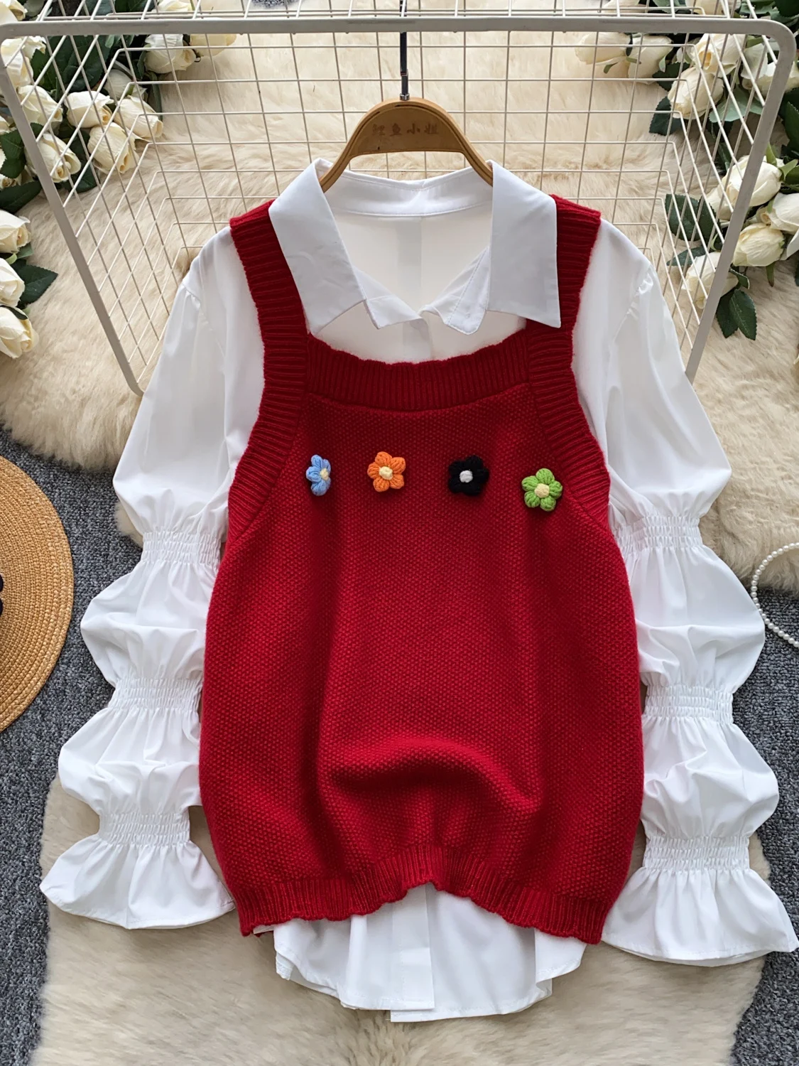 Red Knitted Floral 3D Sweater Vest Set Women's Layering Sweet Shirt Autumn 2026 Fashion Set High Waist Commute Style