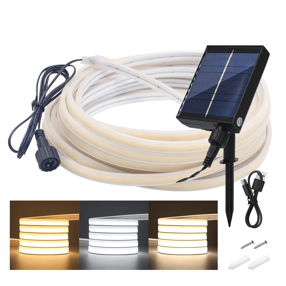 Solar COB LED Double Face Neon Light Strip 24V 320 LEDs IP67 Flex Tube 3000K 4000K 6000K Deck Stair Accent Landscape Lighting