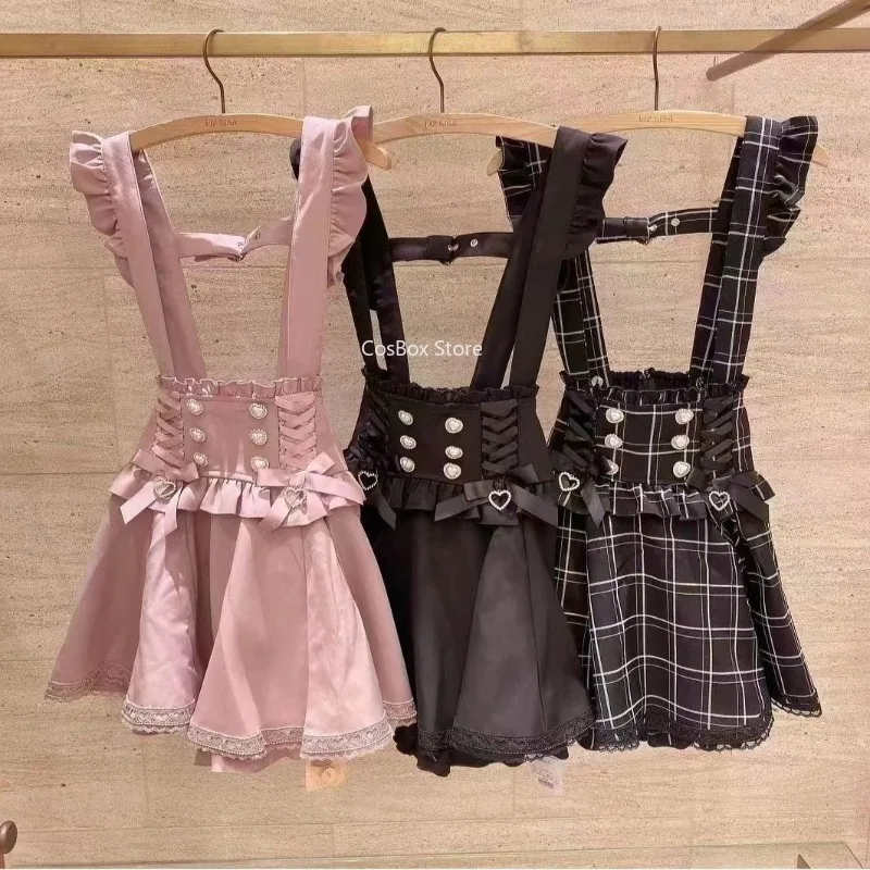 Image of 25 Stile Jirai Kei Hochtaillierter Rock Schwarz-Rosa Karierter Trägerrock Ryousangata Süßer, Niedlicher, Dunkler Kawaii Lolita Japanischer Stil