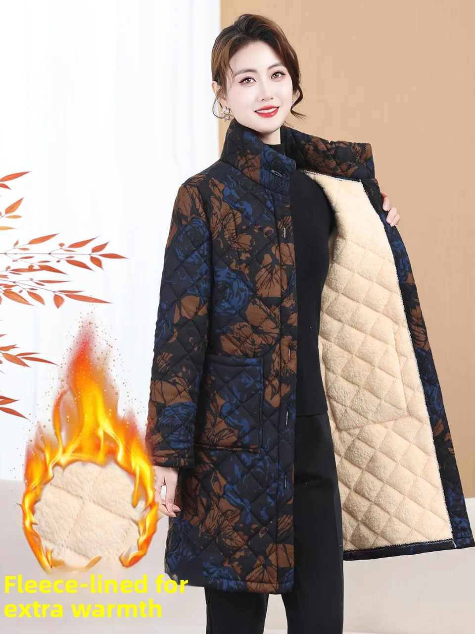 

Thiened Floral Print Stand Collar Cotton Jaet Mid-Length Women's Winter Coat for Mom Middle-Aged And ly Fce Lined