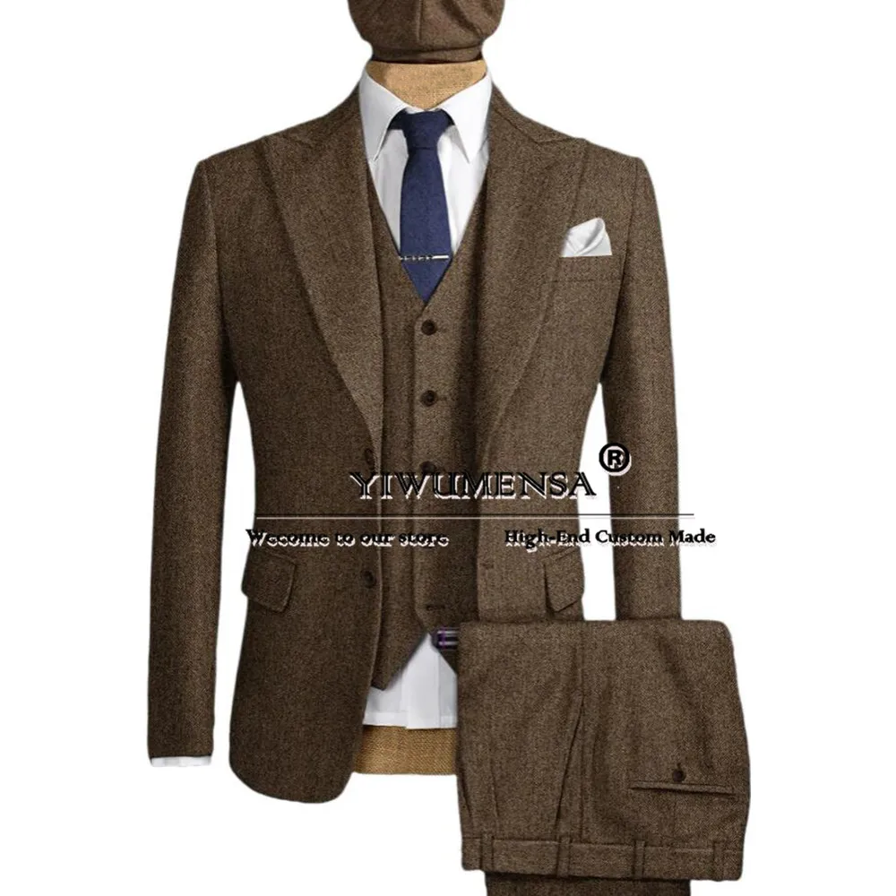 Brown Herringbone Groom Wear Tuxedo Tailored Made Formal Business Banquet Jacket Vest Pants 3 Pieces Man Clothing Prom Blazer