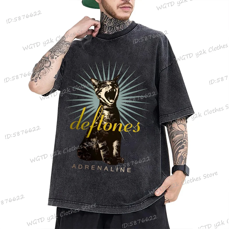 

Men Vintage Deftones Band T-shirt Washed Hip Hop Streetwear Funny Cat Graphics Harajuku 100% Cotton High Quality Unisex Tees
