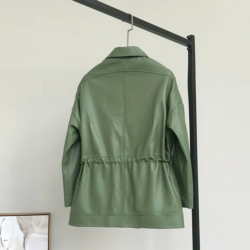 YOLANFAIRY Jaket Kulit Asli Hijau Jaket Kulit Domba 100% Kasual Wanita Mantel Musim Semi Musim Gugur Wanita Keluaran Baru Cuero Genuino 9901
