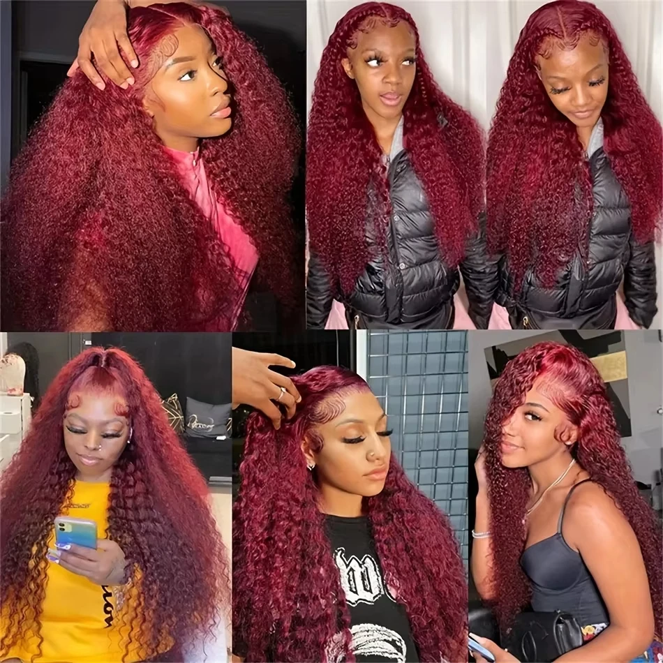 Burgundy 13x6 Hd Lace Frontal Human Hair Wig Deep Wave Curly Wigs For Women Water Wave Colored 99j Red 30 Inch Lace Front Wig image 5