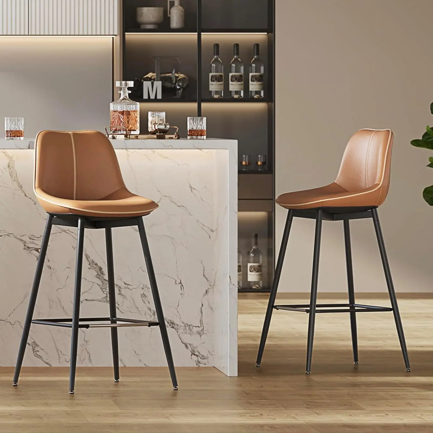 

Bar Stools Set of 2, Bar Height Bar Stools with Back, Ergonomic Backrest, Synthetic Leather, Metal Legs, 28.7-Inch Tall