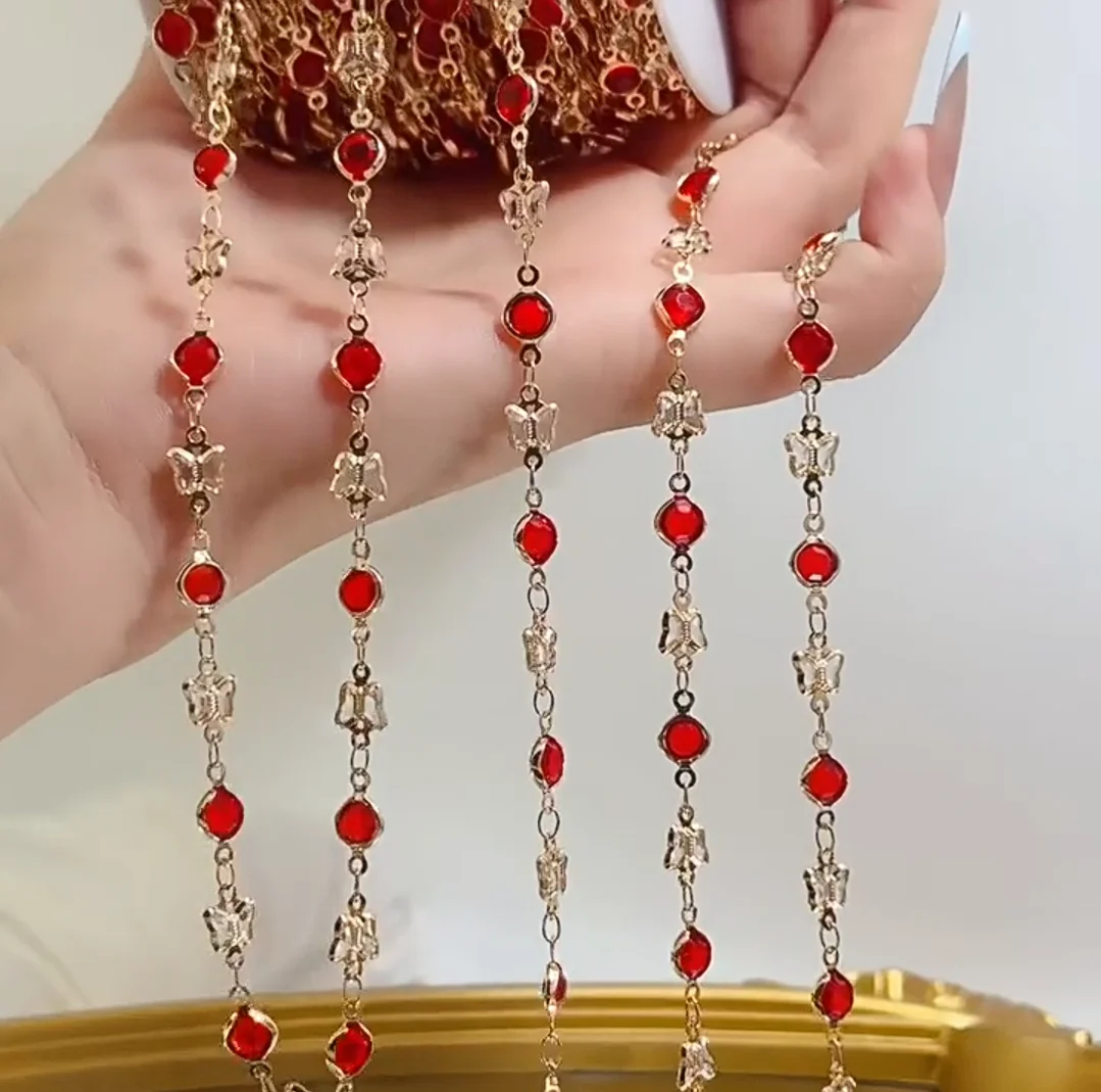

0.5/1/2Meter Red Zircon Metal Chain White Butterfly With Glass Rhinestone Chains Handmade for Diy Jewelry Making Necklace Crafts