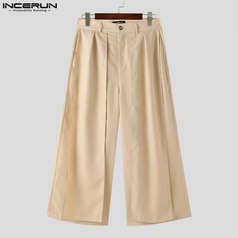 INCERUN 2024 Korean Style Trousers Stylish Men Fake Two piece Wide Leg Pant Casual Personality Loose Solid Skirt Pantalons S-5XL